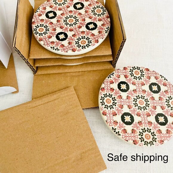 Chic and Tonic Stoneware Coasters Set Of 4 Round 4 Inch w/ Floral Pattern - Picture 6 of 7